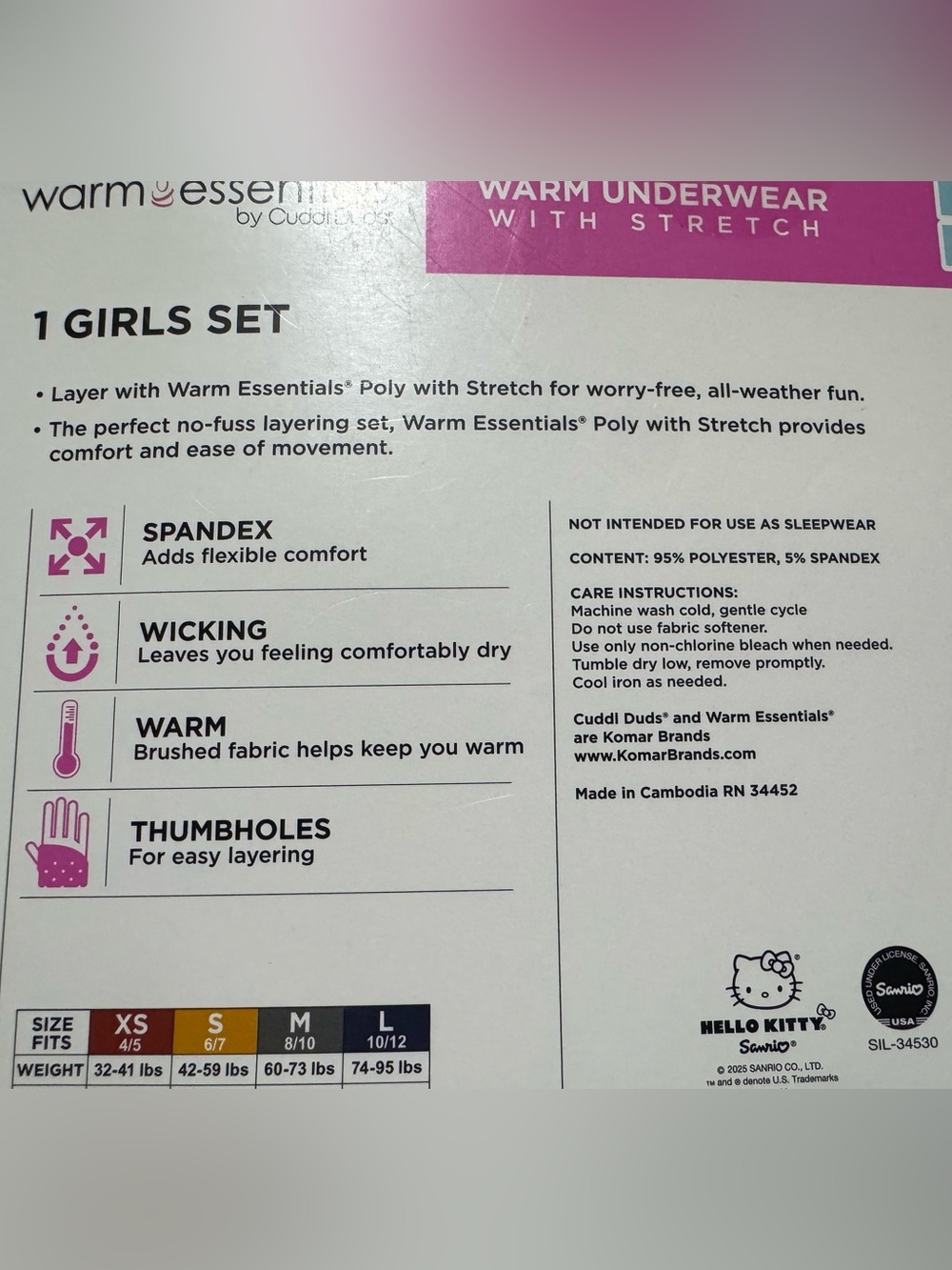 Warm Essentials By Cuddle Duds Girls Hello Kitty Warm Underwear Pajamas Size S - Picture 3 of 4